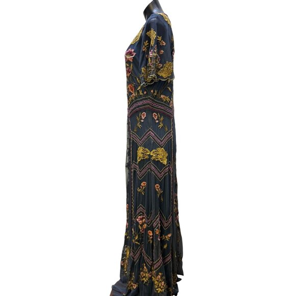 Sundance Embroidered Maxi Dress W/Slip Teal Floral V-Neck M - Picture 4 of 8